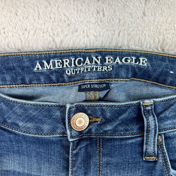 American Eagle Skinny Kick Bootcut Jeans Size 12 Short Super Stretch Whiskers - Picture 2 of 10